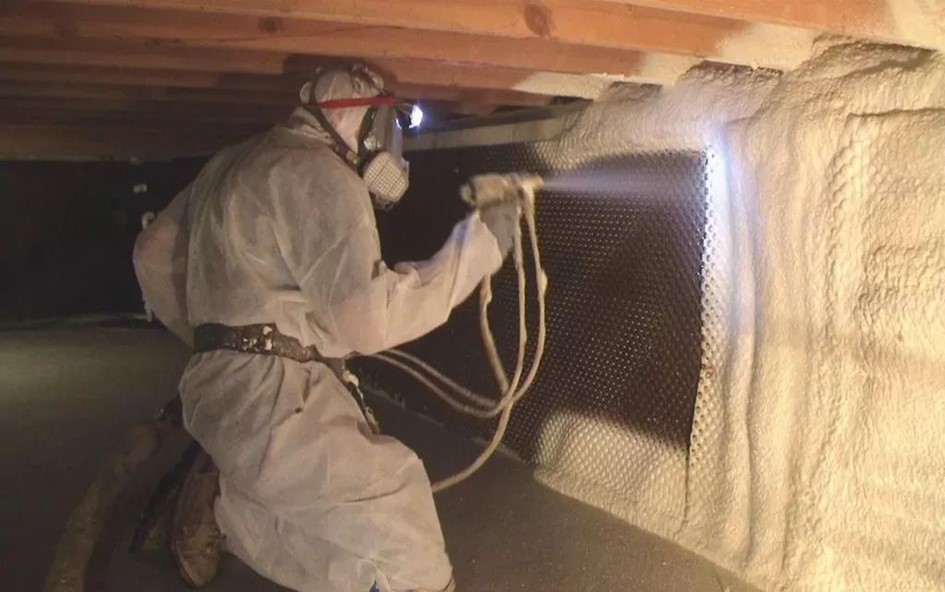 Home Sweet Foam Insulation Worker Spraying Under Crawl Space